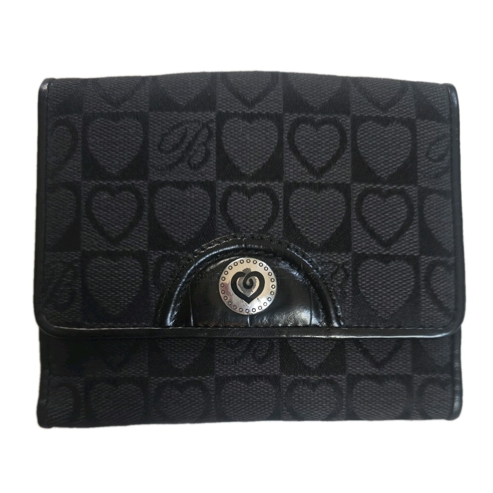 Vtg Brighton Signature Hearts Dual-Sided Bifold Organizer Wallet Black Leather